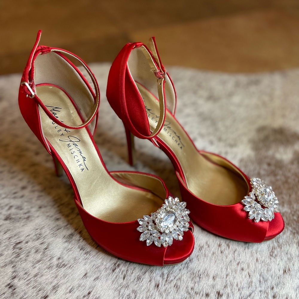 Badgley Mischka Red Strappy Heels with Crystal Embellishment
